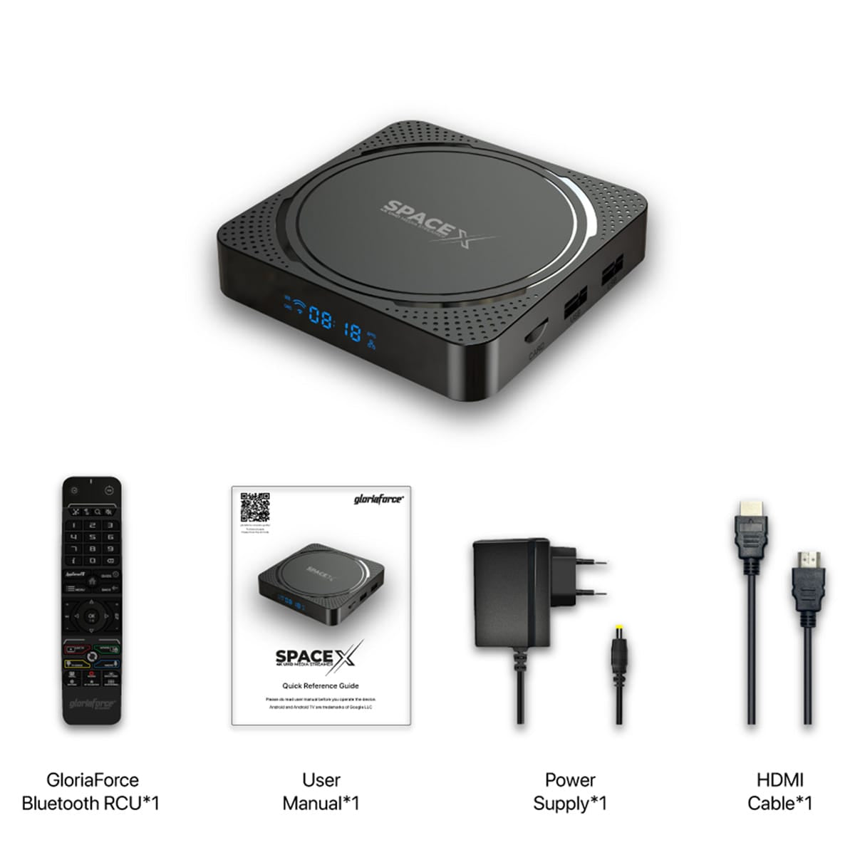 GloriaForce SpaceX 4K UHD Android 11 Receiver (HDR10+, Dual-WiFi, LAN, Bluetooth, MicroSD, HDMI)