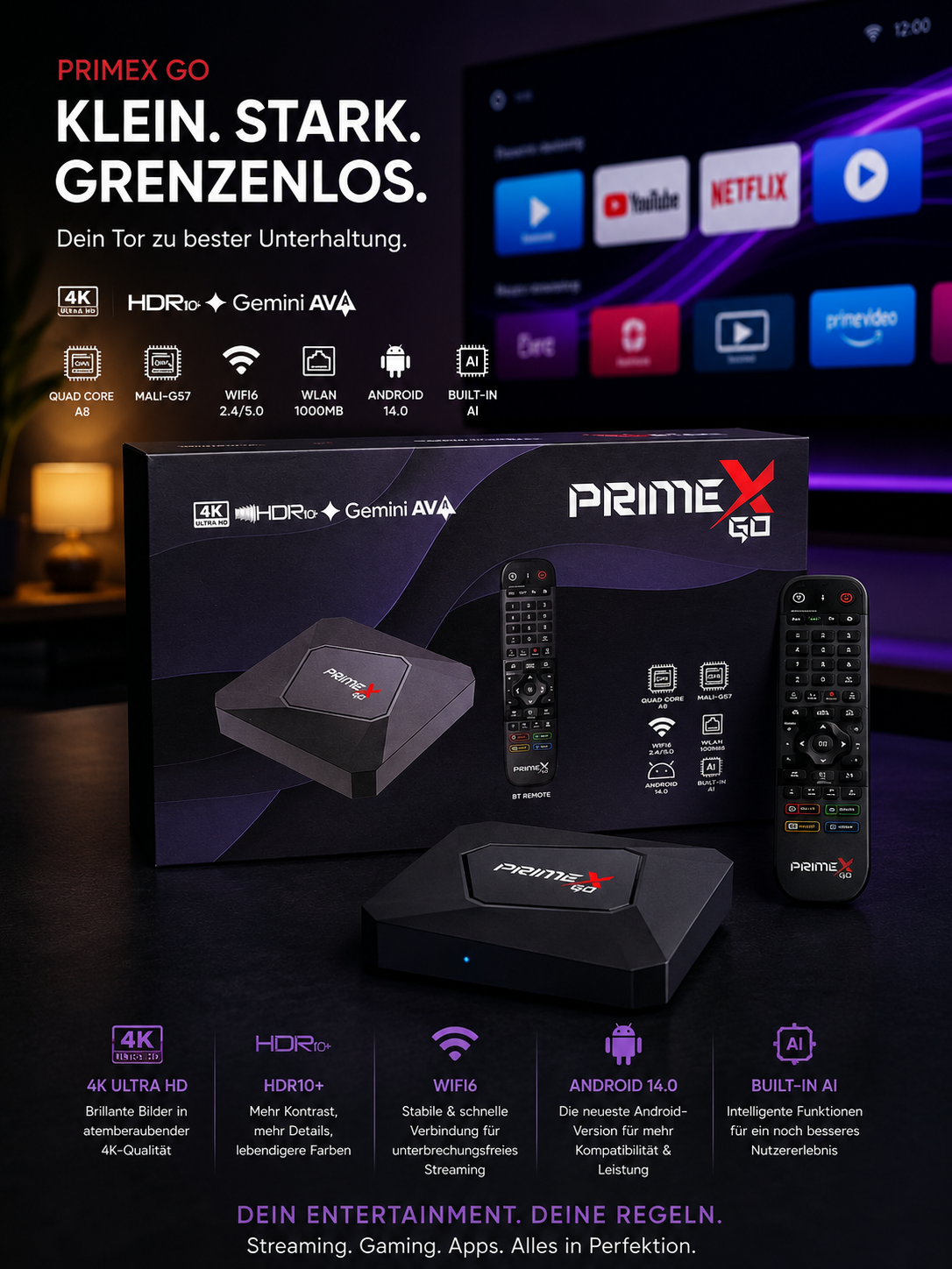 PrimeX GO Android TV Box 4K – Android 14 | 2GB RAM | 16GB ROM | WiFi 6 | Bluetooth 5.4