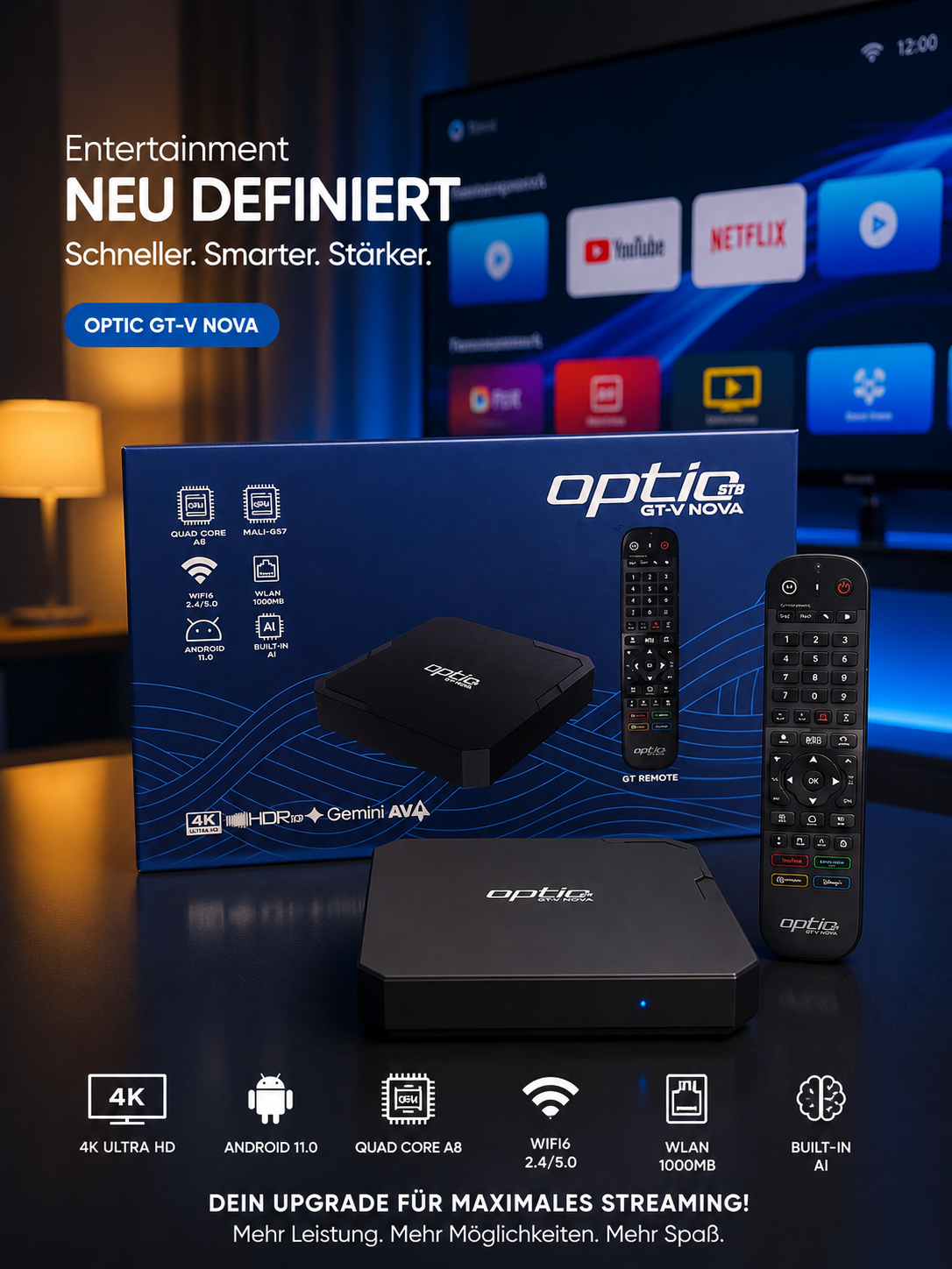 OPTIC GT-V NOVA Android TV Box 4K – Android TV 14 | 2GB RAM | 16GB ROM | WiFi 6 | Bluetooth 5.4