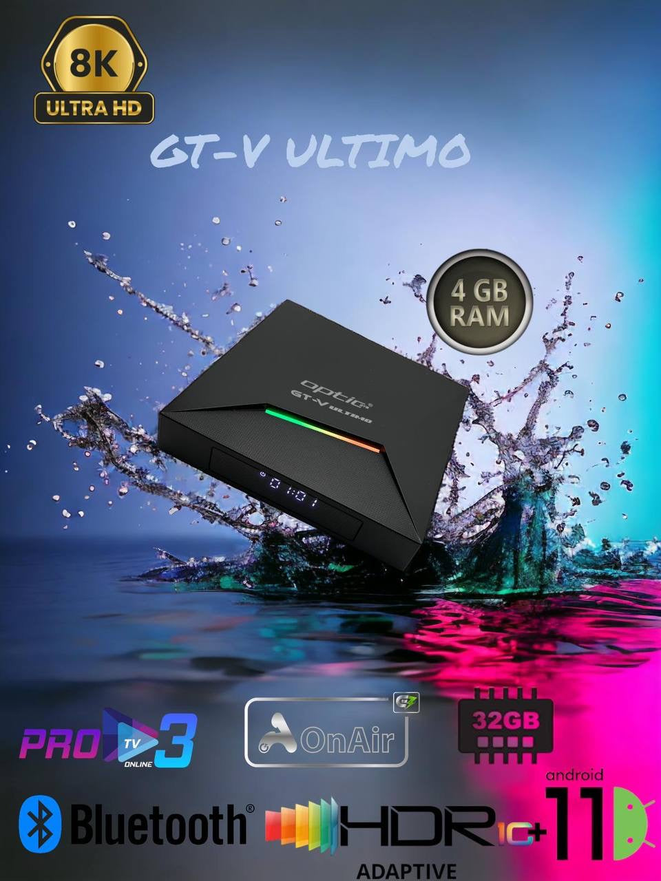 ⚠️NEW⚠️ OPTIC STB GTV ULTIMO / OPTIC GT-V ULTIMO 4K UHD 2160p H265.264 4GB RAM 32 GB FLASH Android 11.0 Receiver (2G + 5G WiFi + WLAN, Bluetooth, MicroSD, HDMI, USB 3.0)