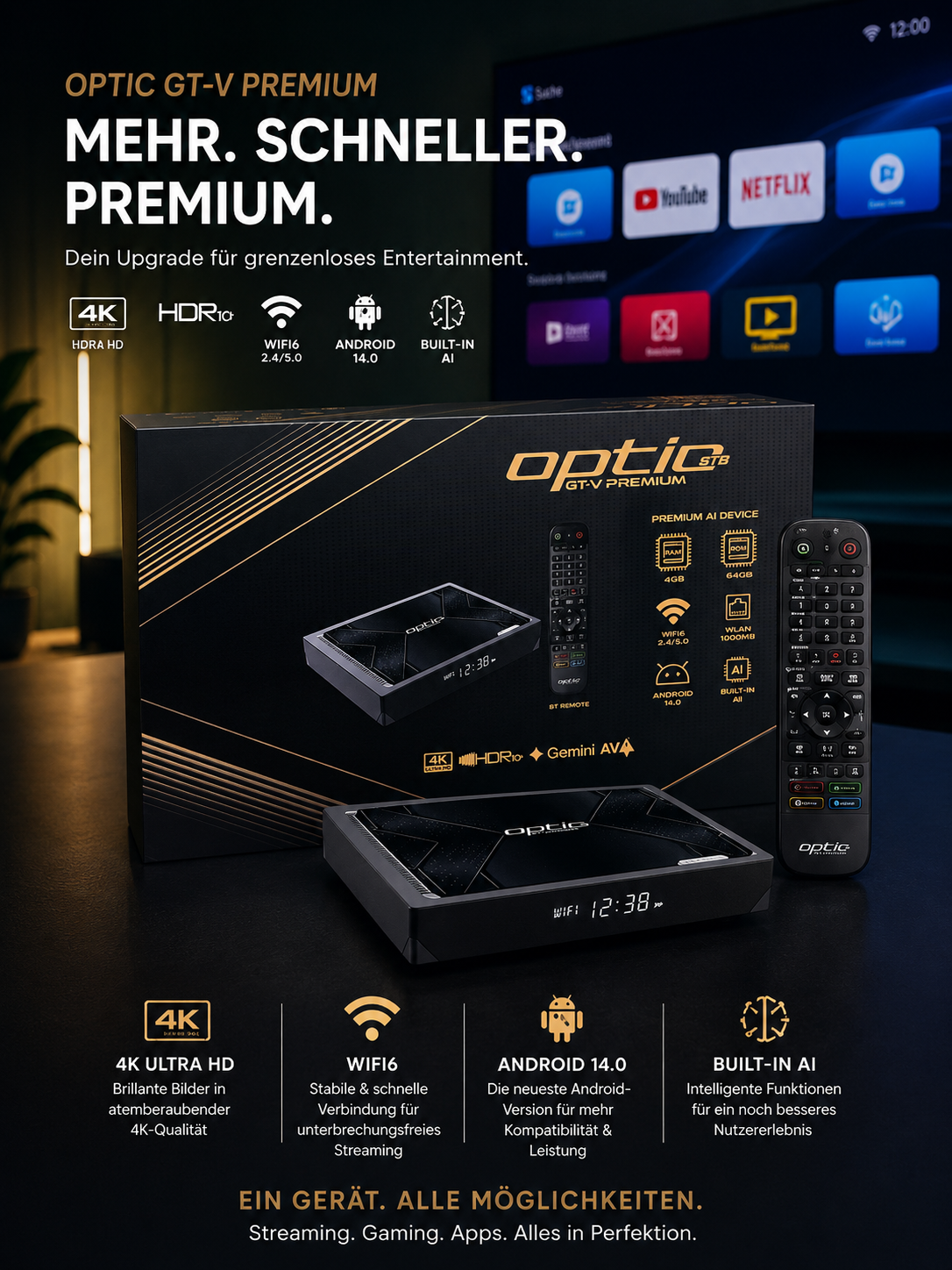 OPTIC GT-V PREMIUM Android TV Box 4K – Android TV 14 | 4GB RAM | 64GB ROM | WiFi 6 | Gigabit LAN | Bluetooth