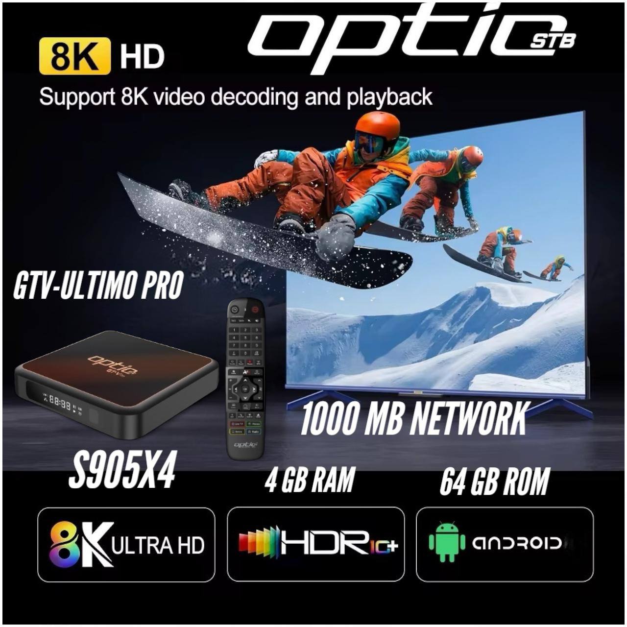 OPTIC GT-V PRO 8K / 4K UHD 2160p H265.264 4GB RAM 64GB FLASH Android 11.0 Receiver (2G + 5G WiFi + GIGABIT WLAN, Bluetooth, MicroSD, HDMI, USB 3.0)