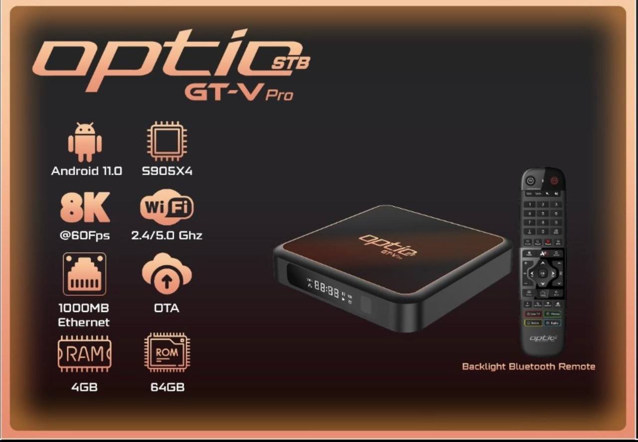 OPTIC GT-V PRO 8K / 4K UHD 2160p H265.264 4GB RAM 64GB FLASH Android 11.0 Receiver (2G + 5G WiFi + GIGABIT WLAN, Bluetooth, MicroSD, HDMI, USB 3.0)