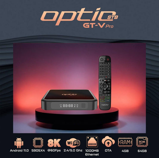 OPTIC GT-V PRO 8K / 4K UHD 2160p H265.264 4GB RAM 64GB FLASH Android 11.0 Receiver (2G + 5G WiFi + GIGABIT WLAN, Bluetooth, MicroSD, HDMI, USB 3.0)