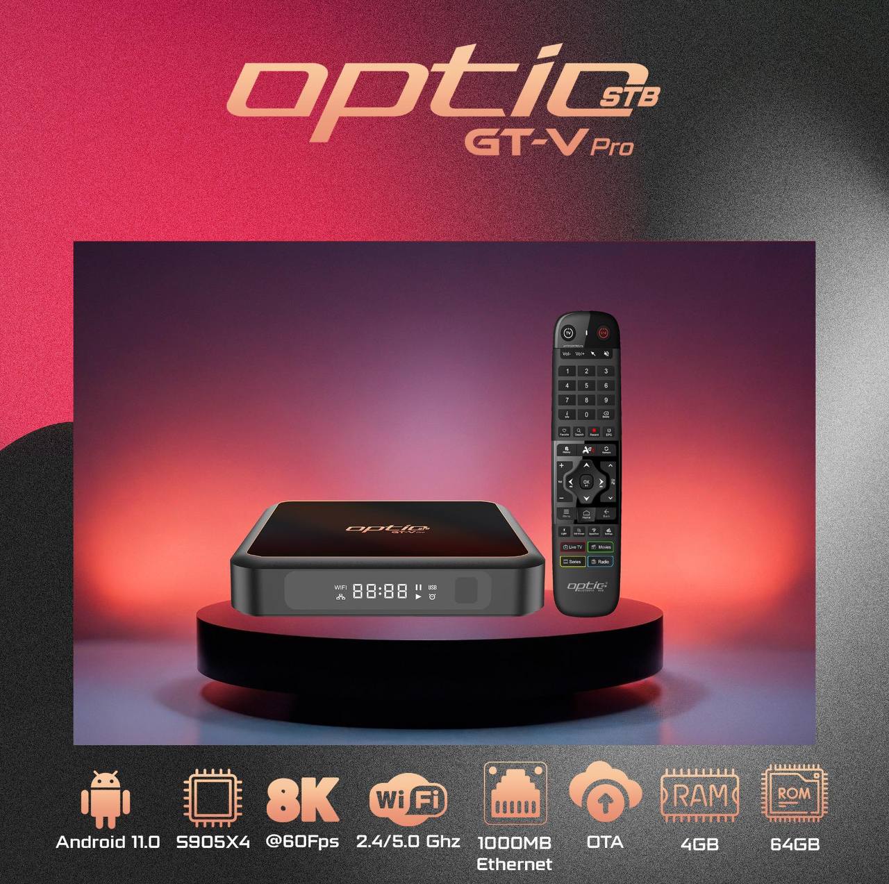 OPTIC GT-V PRO 8K / 4K UHD 2160p H265.264 4GB RAM 64GB FLASH Android 11.0 Receiver (2G + 5G WiFi + GIGABIT WLAN, Bluetooth, MicroSD, HDMI, USB 3.0)