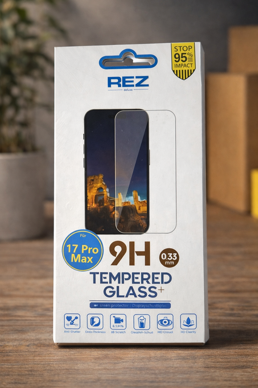 REZ 9H Tempered Glass für iPhone 17 Pro Max – Full Cover Displayschutzglas, 0.33mm, Anti-Fingerprint