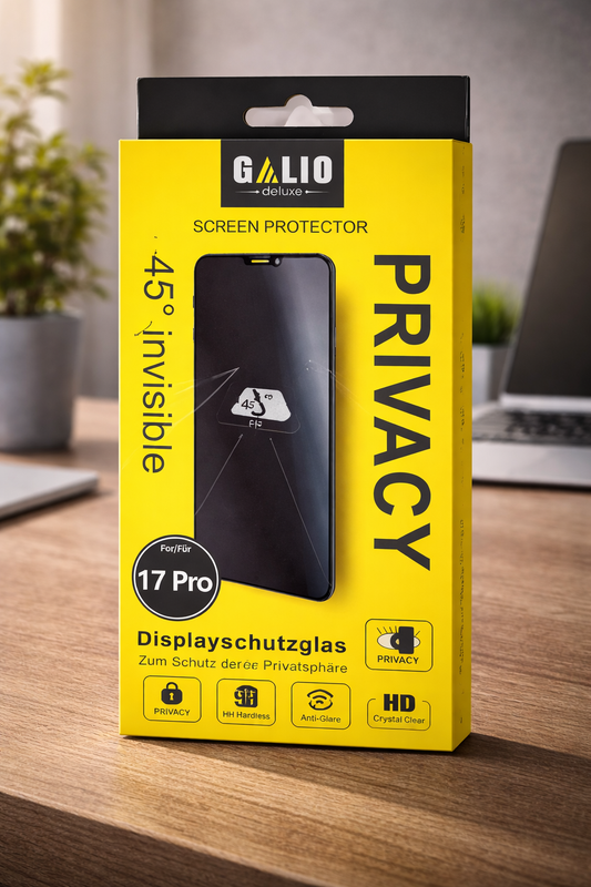 GALIO Deluxe Privacy Panzerglas für iPhone 17 Pro – 45° Blickschutz, Anti-Glare, 9H Härte, HD Klar & Blasenfrei