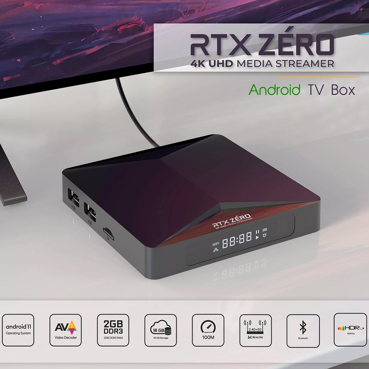 GloriaForce RTX Zero 4K UHD Android 11 Receiver (HDR10+, Dual-WiFi, LAN, MicroSD, HDMI)